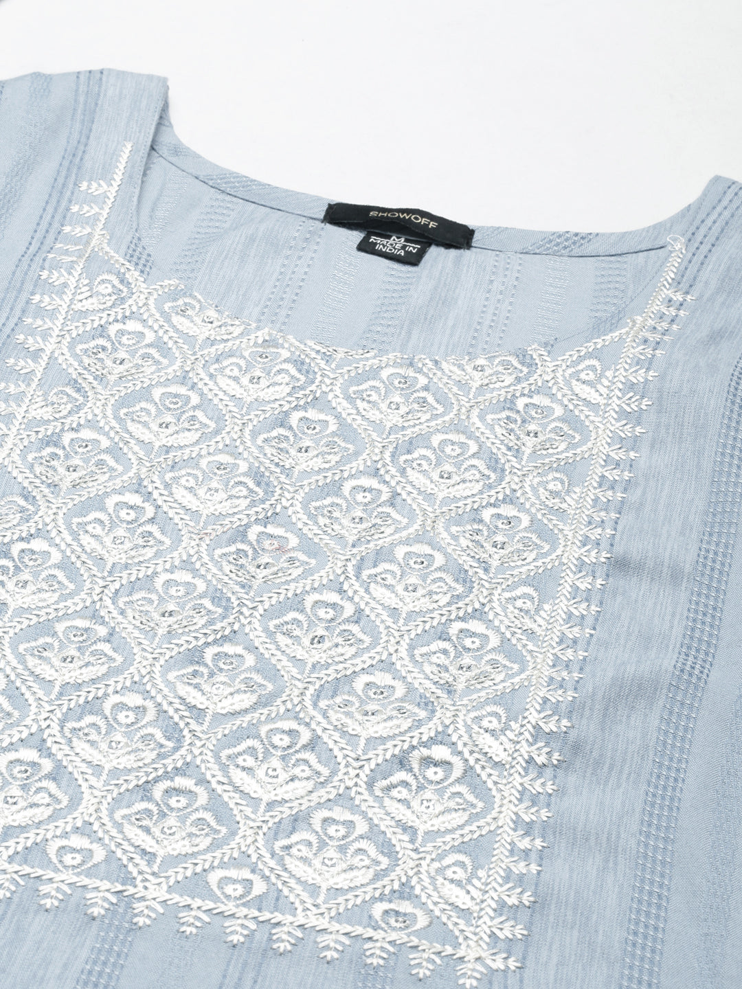 Women's Blue Yoke Design Thread Work Cotton Straight Kurta