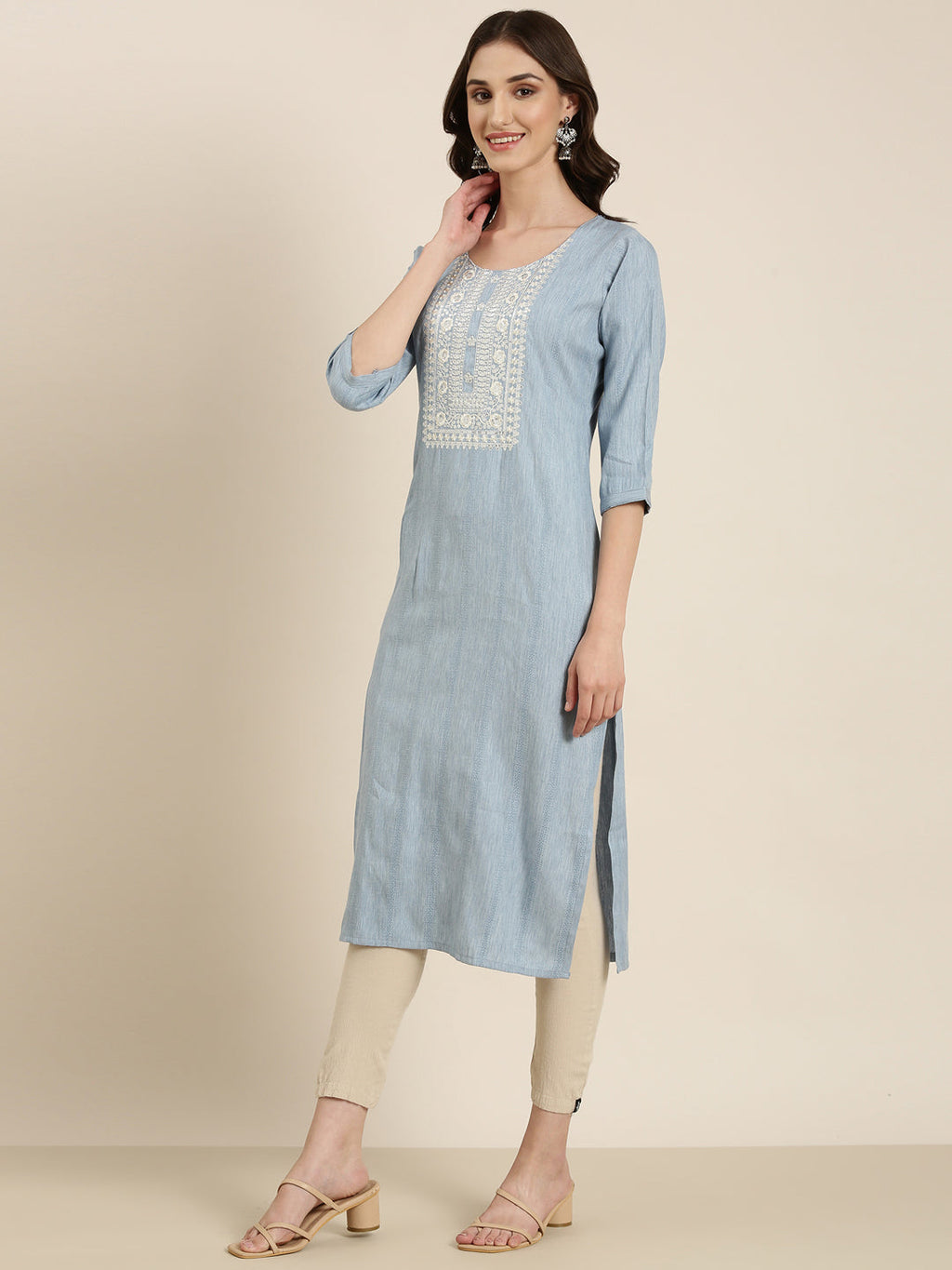 Women's Blue Yoke Design Thread Work Cotton Straight Kurta