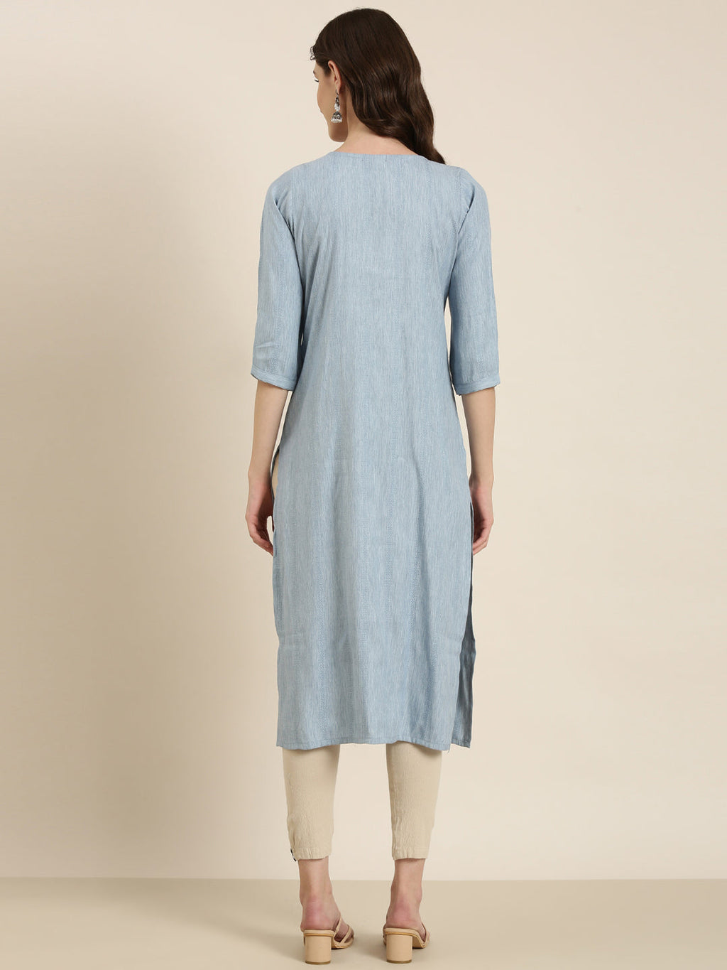 Women's Blue Yoke Design Thread Work Cotton Straight Kurta
