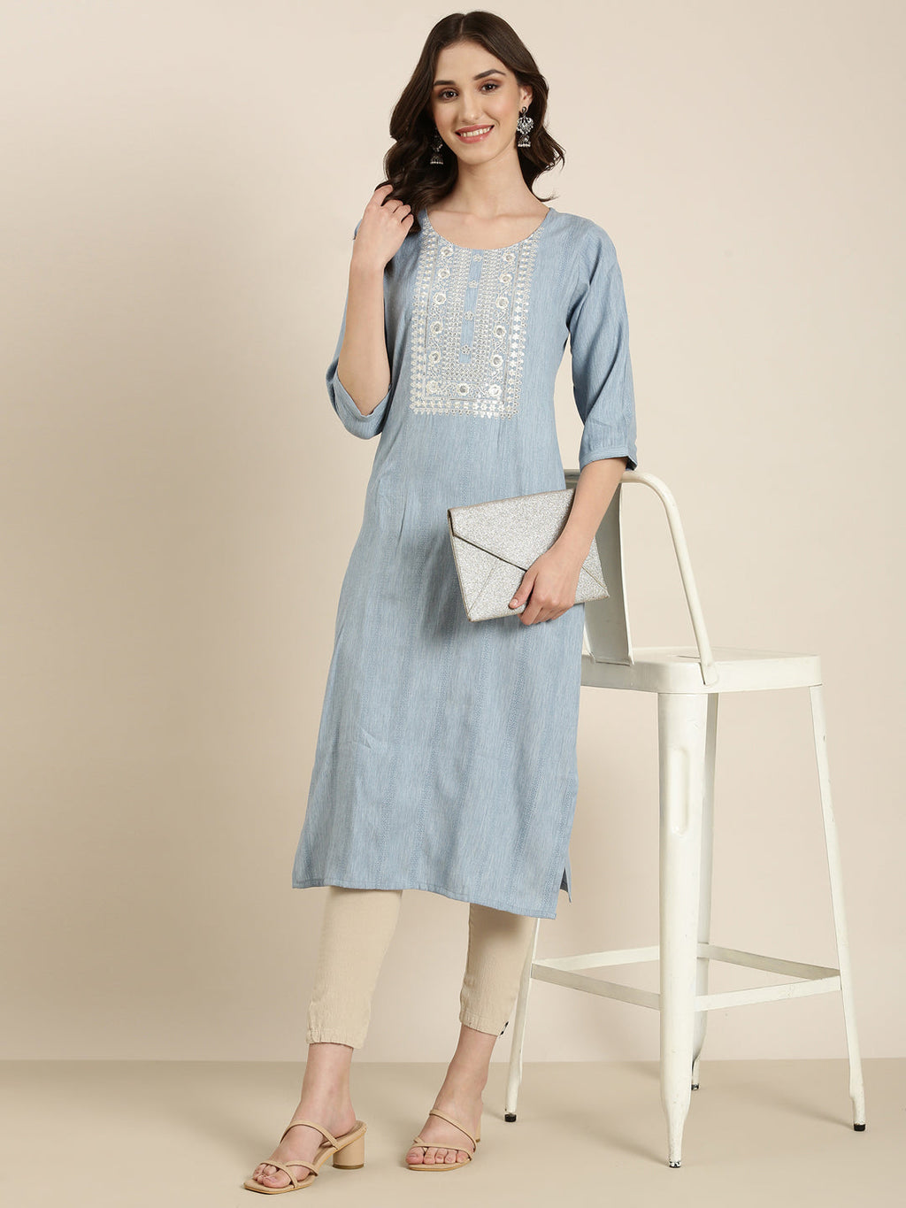 Women's Blue Yoke Design Thread Work Cotton Straight Kurta