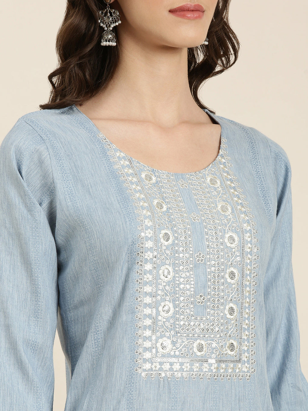 Women's Blue Yoke Design Thread Work Cotton Straight Kurta
