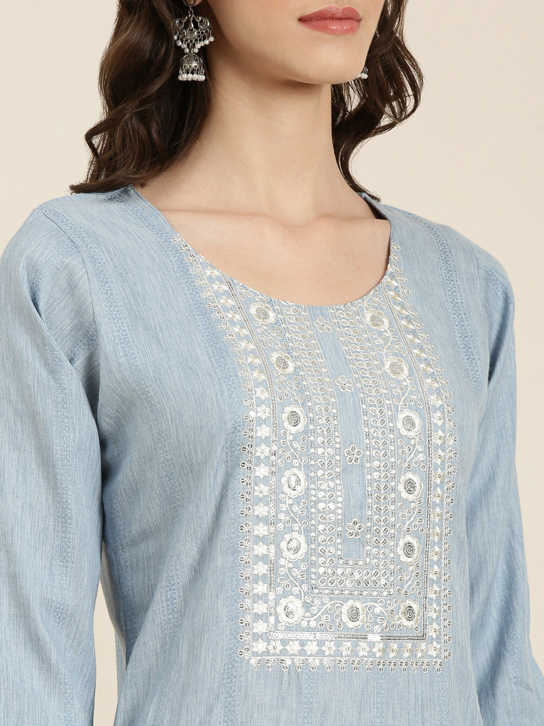 Women's Blue Yoke Design Thread Work Cotton Straight Kurta