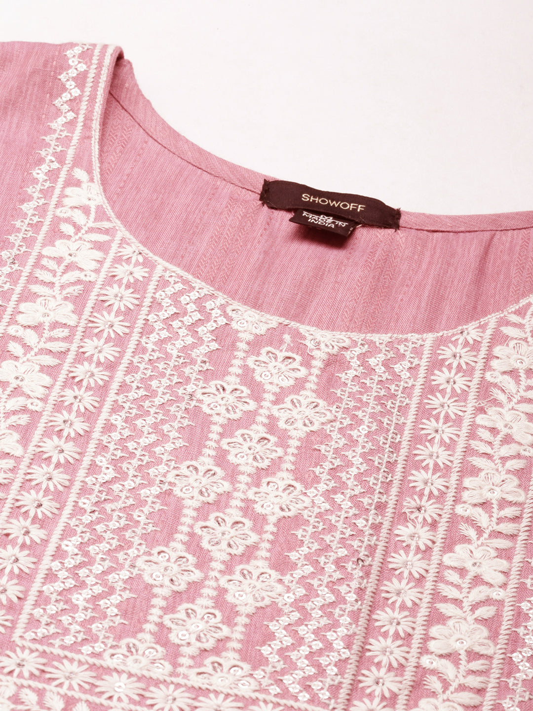 Women's Pink Floral Yoke Design Thread Work Pleated Kurta