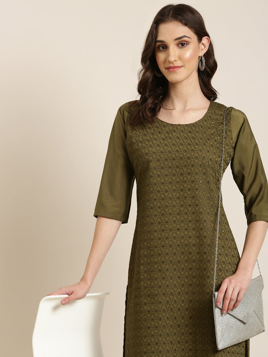 Women's Olive Ethnic Motifs Embroidered Sequinned Straight Kurta