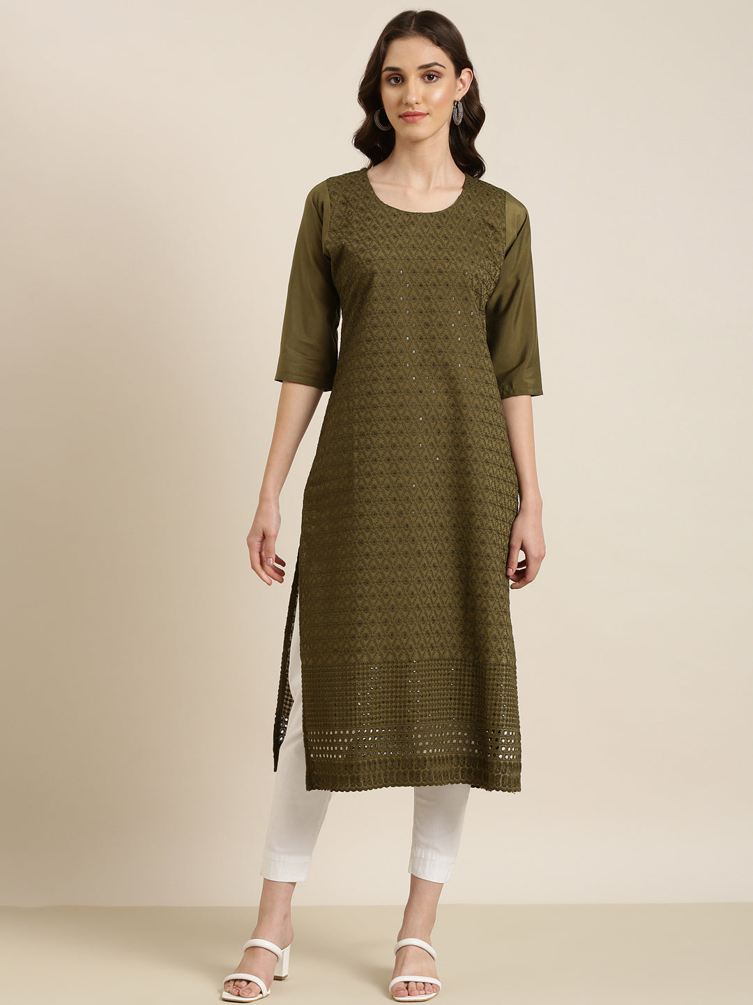 Women's Olive Ethnic Motifs Embroidered Sequinned Straight Kurta