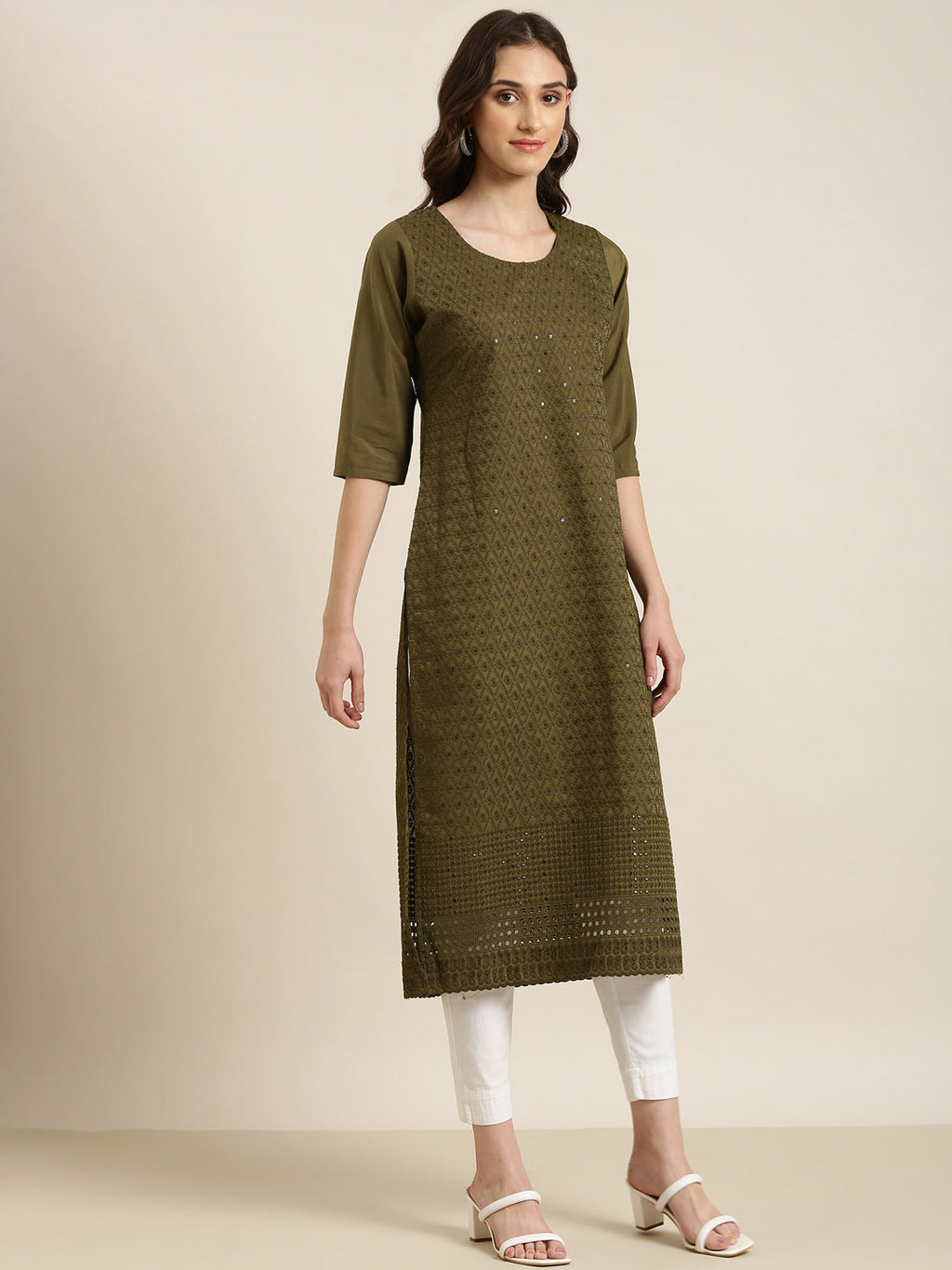 Women's Olive Ethnic Motifs Embroidered Sequinned Straight Kurta