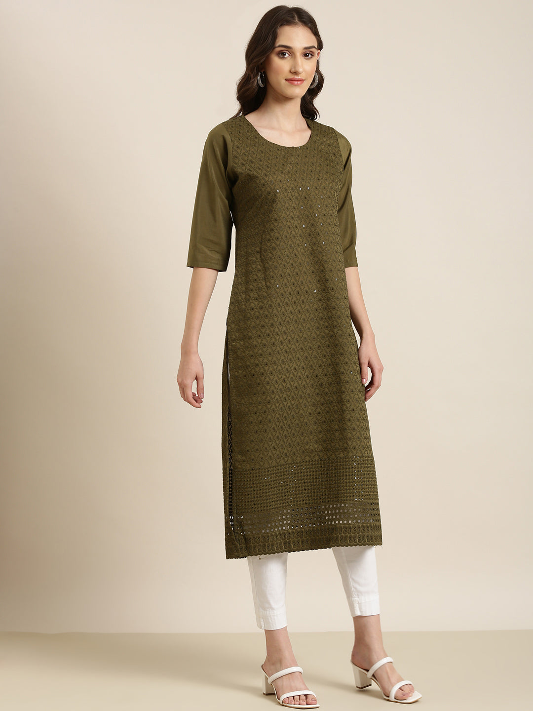 Women's Olive Ethnic Motifs Embroidered Sequinned Straight Kurta