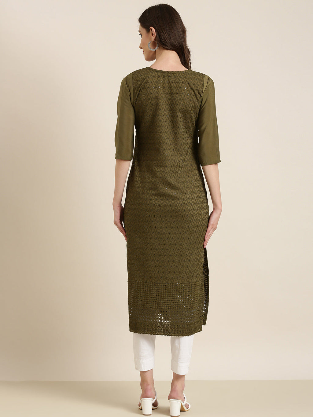 Women's Olive Ethnic Motifs Embroidered Sequinned Straight Kurta