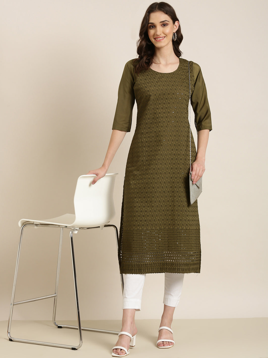 Women's Olive Ethnic Motifs Embroidered Sequinned Straight Kurta