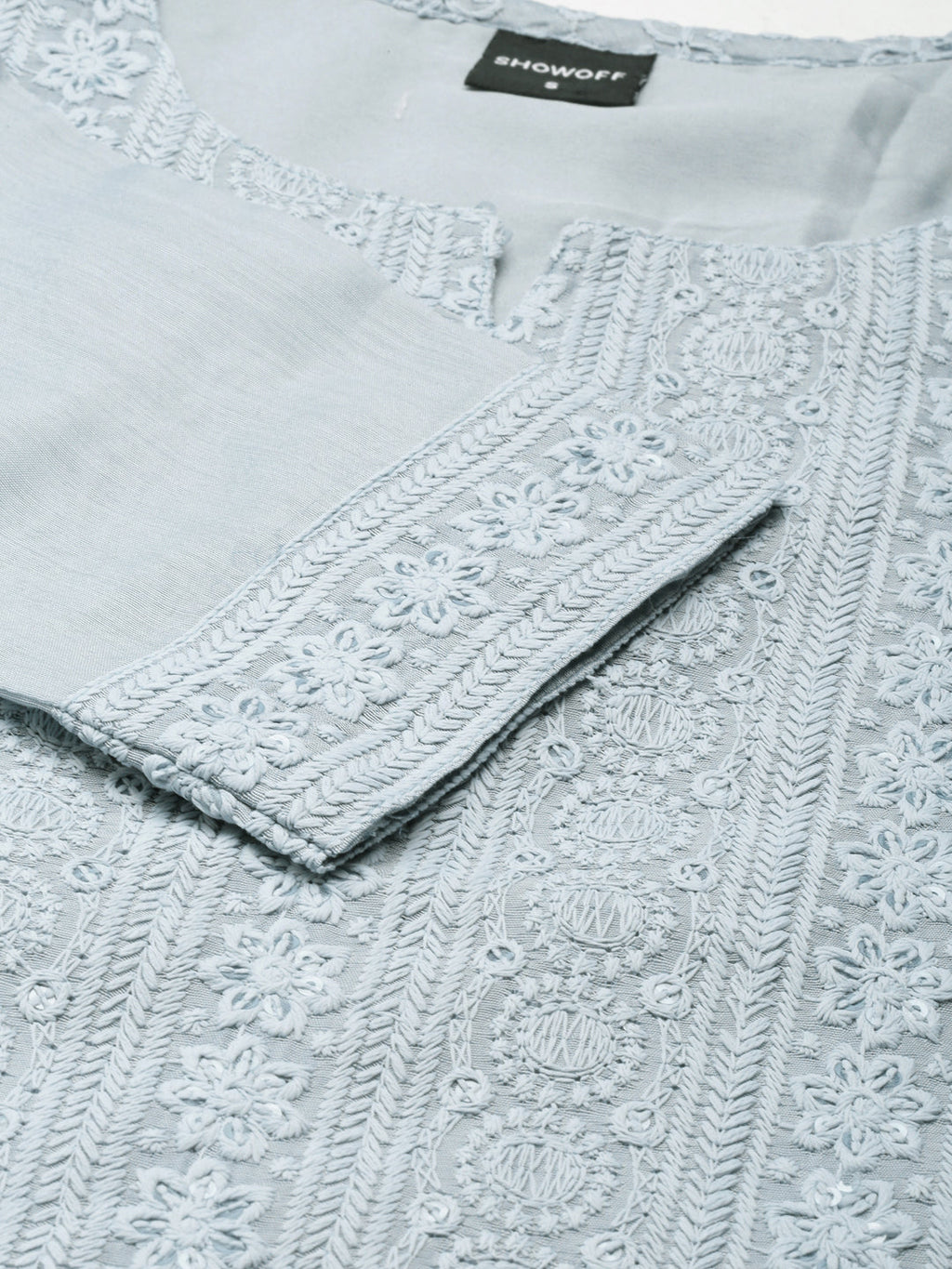 Women's Blue Ethnic Motif Embroidered Straight Kurta