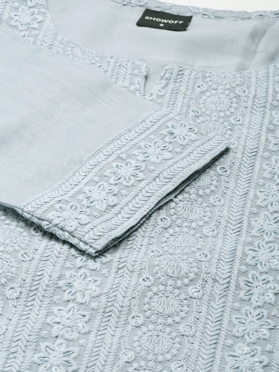 Women's Blue Ethnic Motif Embroidered Straight Kurta