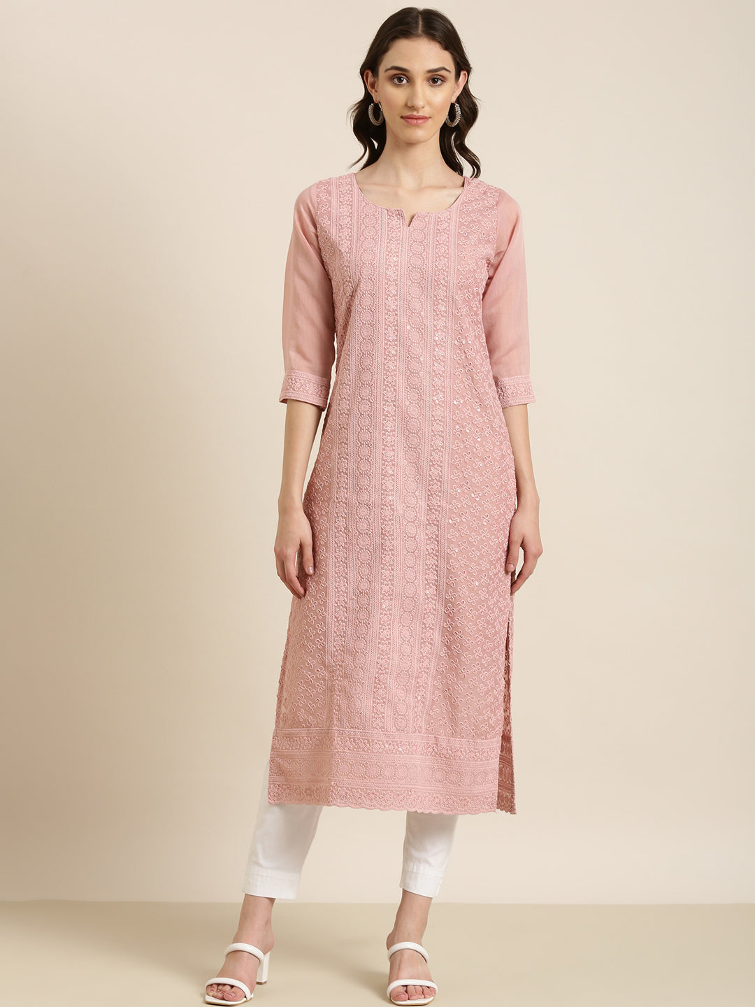 Women's Pink Floral Embroidered Sequinned Straight Kurta