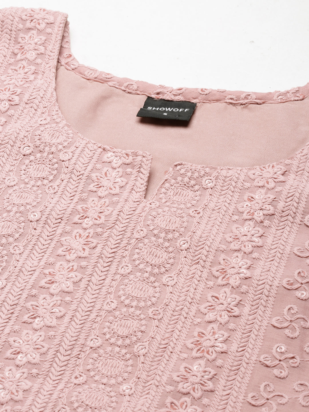 Women's Pink Floral Embroidered Sequinned Straight Kurta