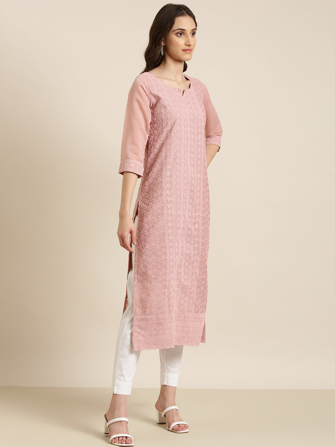 Women's Pink Floral Embroidered Sequinned Straight Kurta