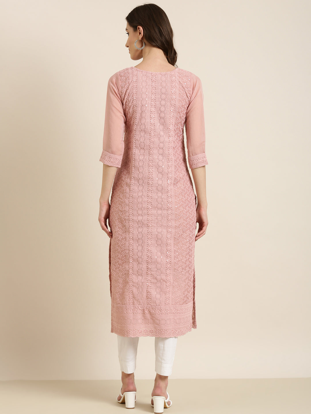 Women's Pink Floral Embroidered Sequinned Straight Kurta