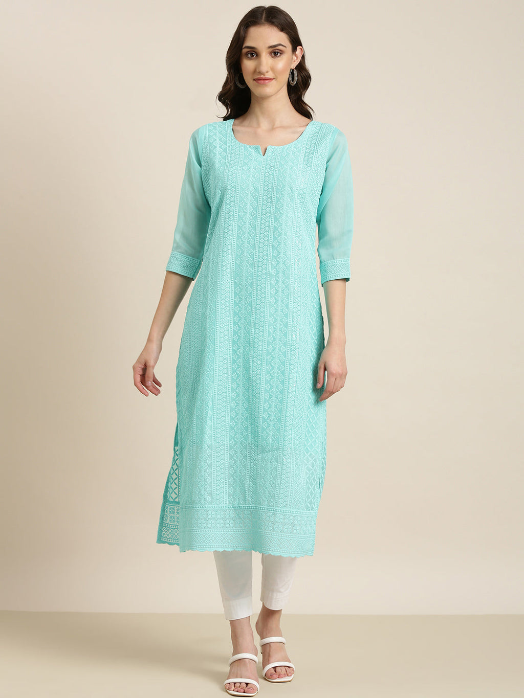 Women's Turquoise Blue Embroidered Chikankari Neck Straight Kurta