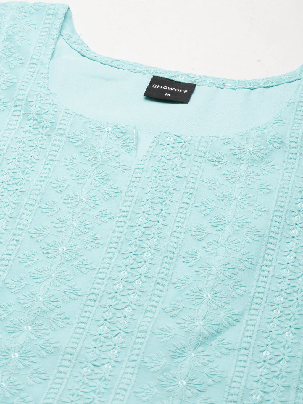 Women's Turquoise Blue Embroidered Chikankari Neck Straight Kurta