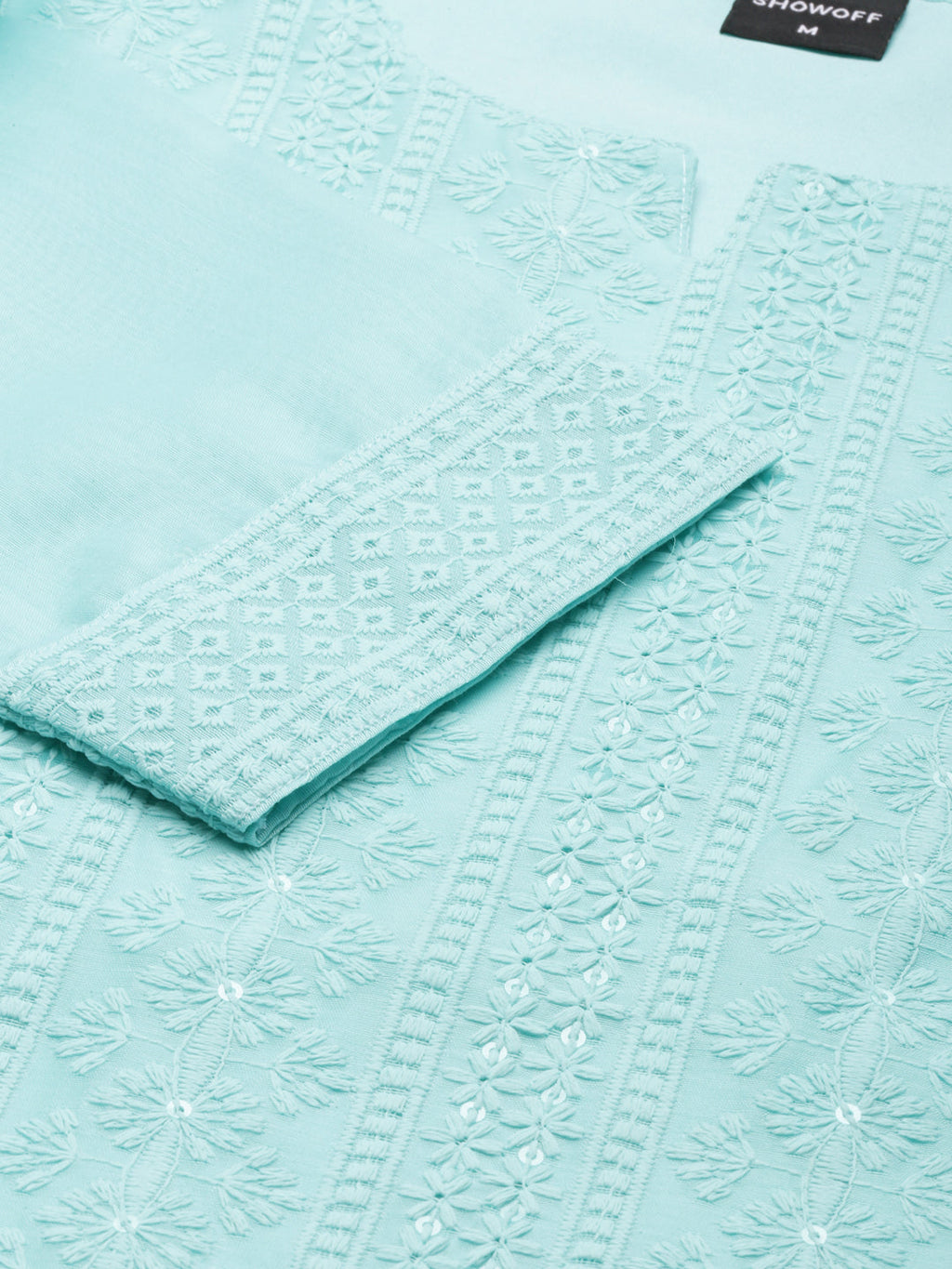 Women's Turquoise Blue Embroidered Chikankari Neck Straight Kurta