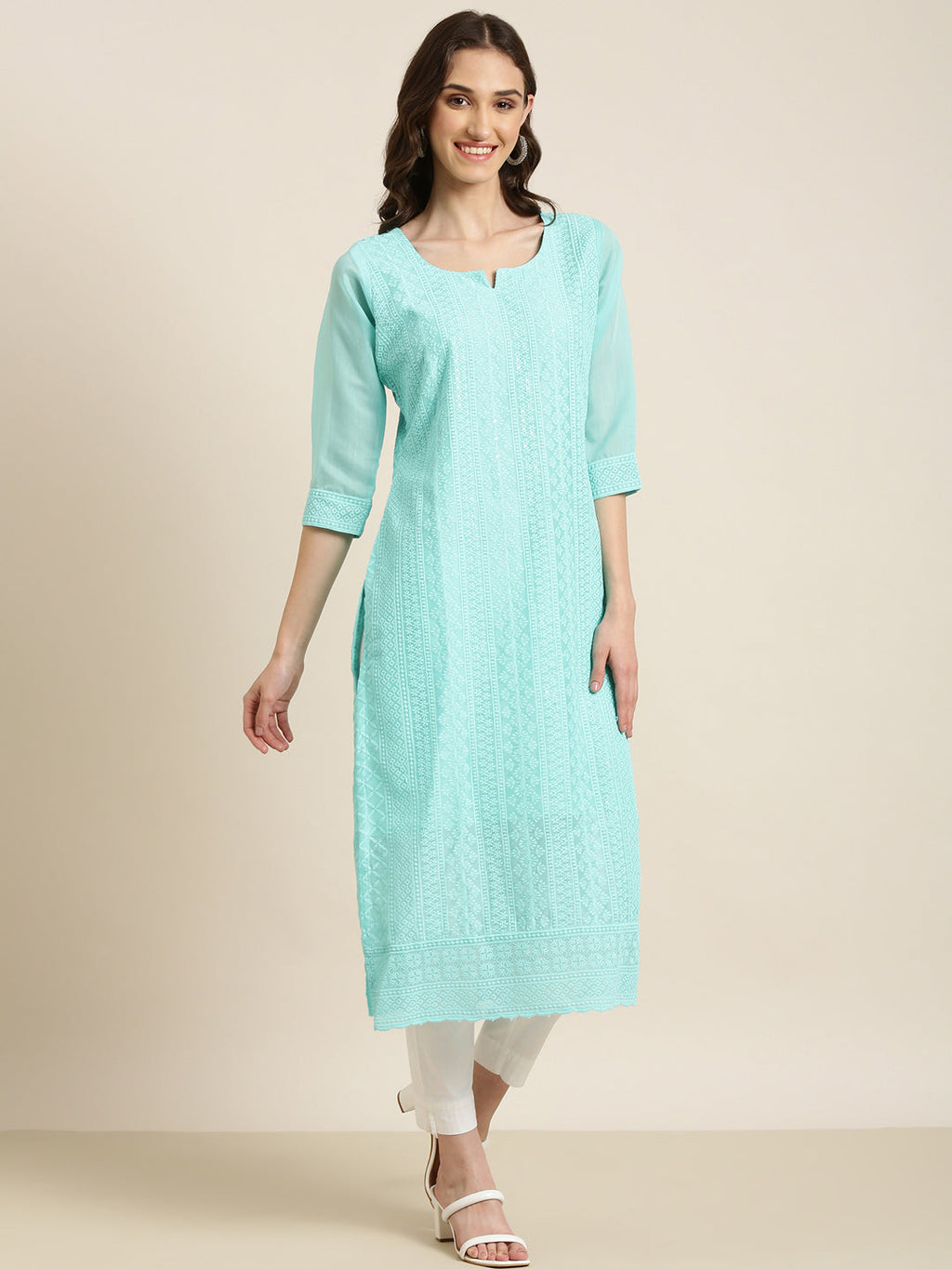 Women's Turquoise Blue Embroidered Chikankari Neck Straight Kurta