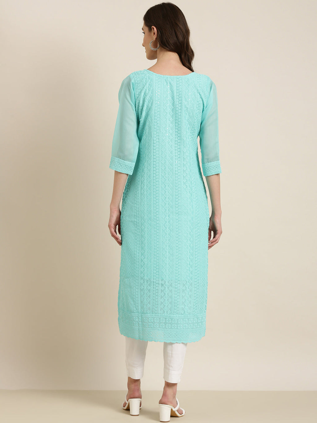 Women's Turquoise Blue Embroidered Chikankari Neck Straight Kurta