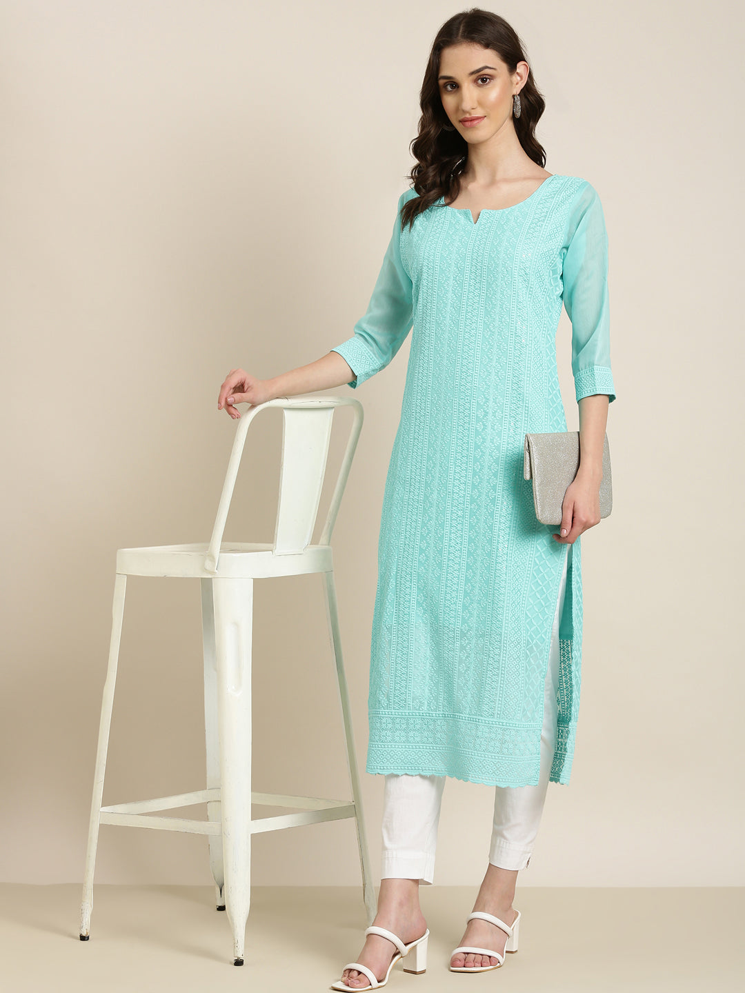 Women's Turquoise Blue Embroidered Chikankari Neck Straight Kurta