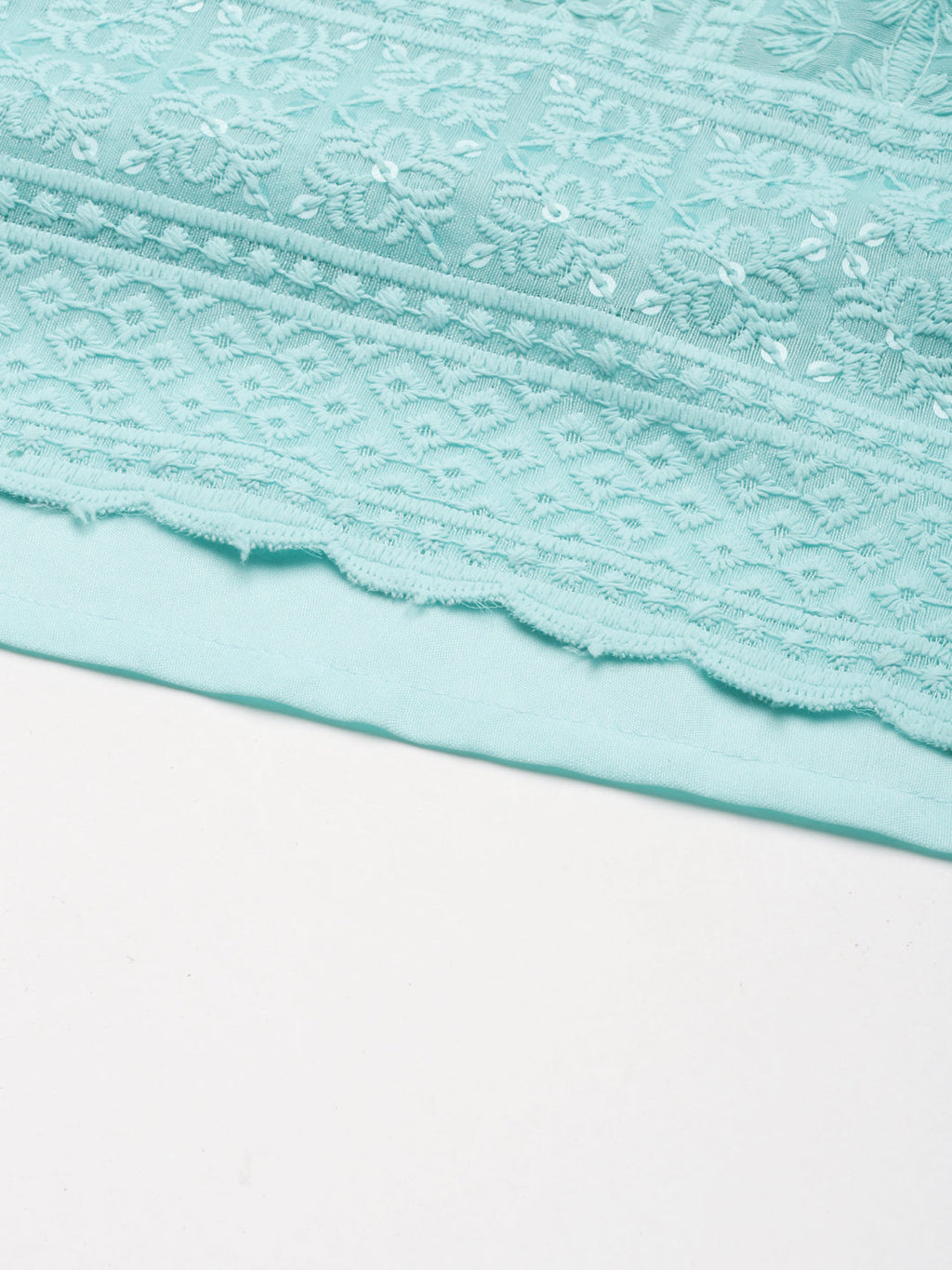 Women's Turquoise Blue Embroidered Chikankari Neck Straight Kurta