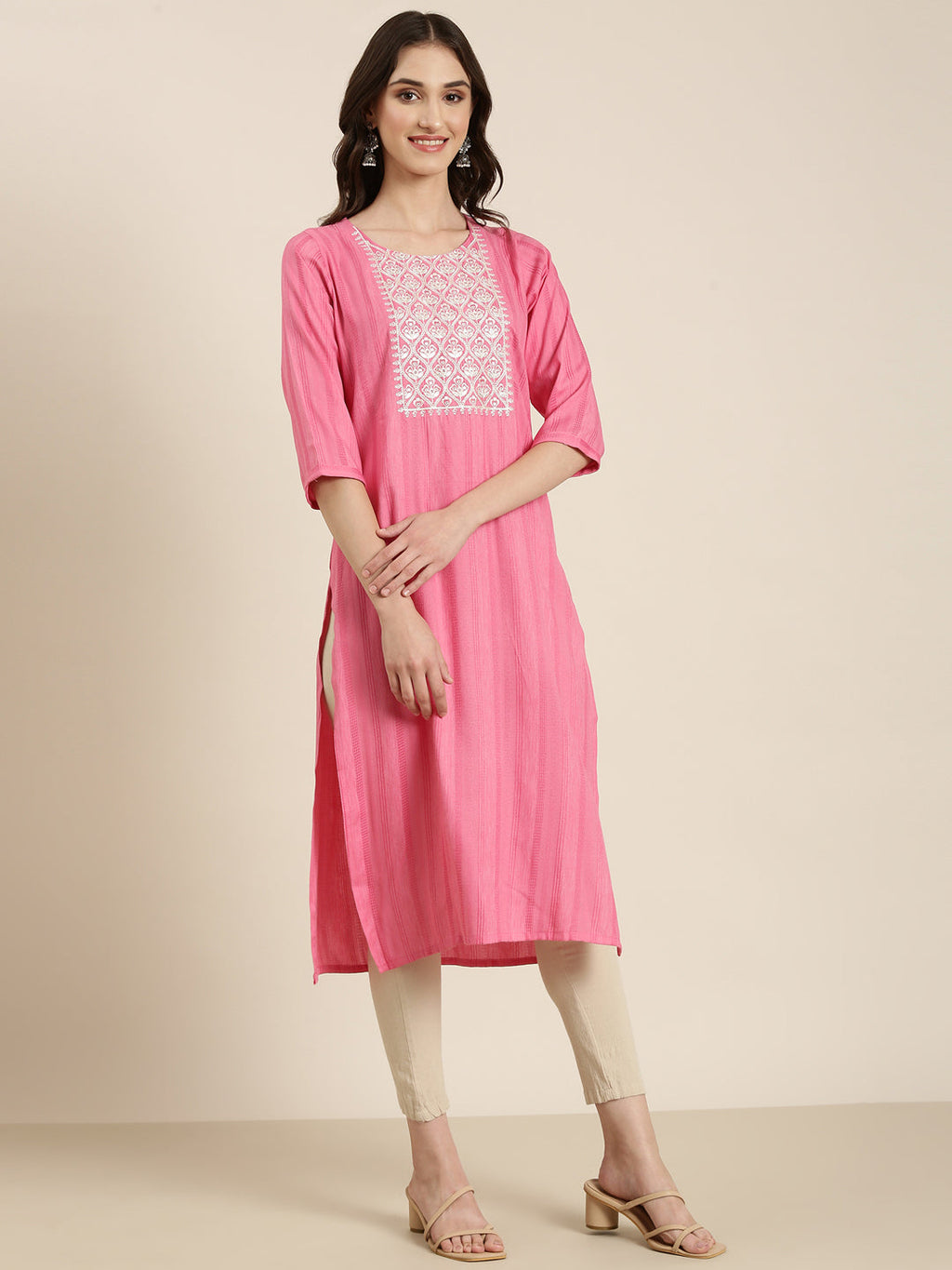 Women's Pink Floral Yoke Design Cotton Straight Kurta