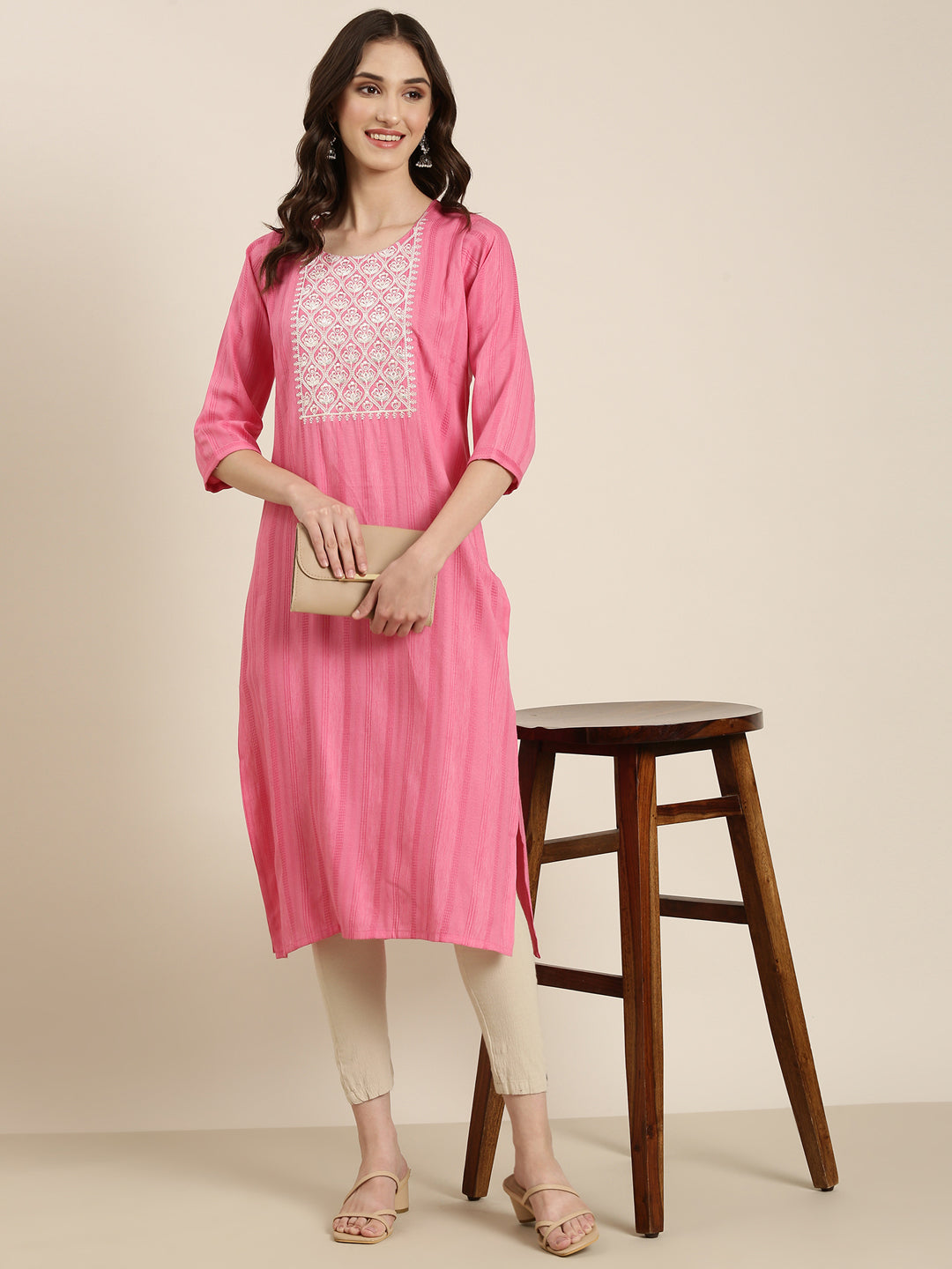 Women's Pink Floral Yoke Design Cotton Straight Kurta