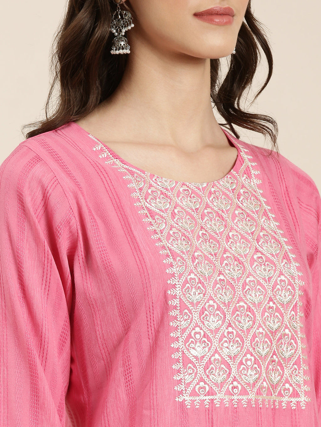 Women's Pink Floral Yoke Design Cotton Straight Kurta