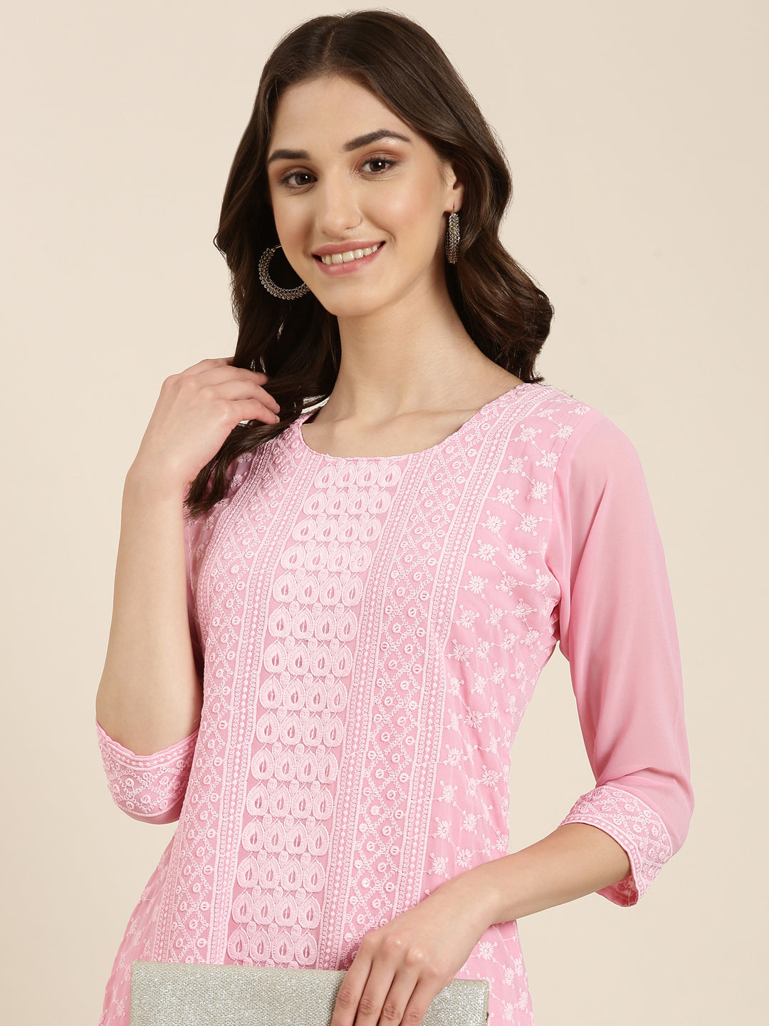 Women's Pink Ethnic Motif Embroidered Chikankari Straight Kurta