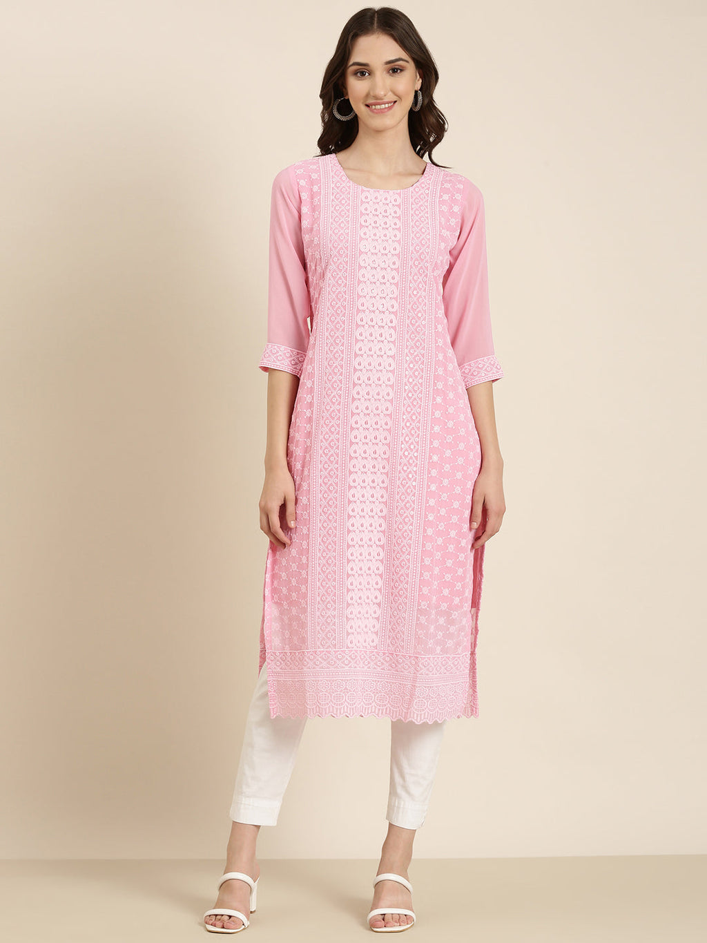 Women's Pink Ethnic Motif Embroidered Chikankari Straight Kurta