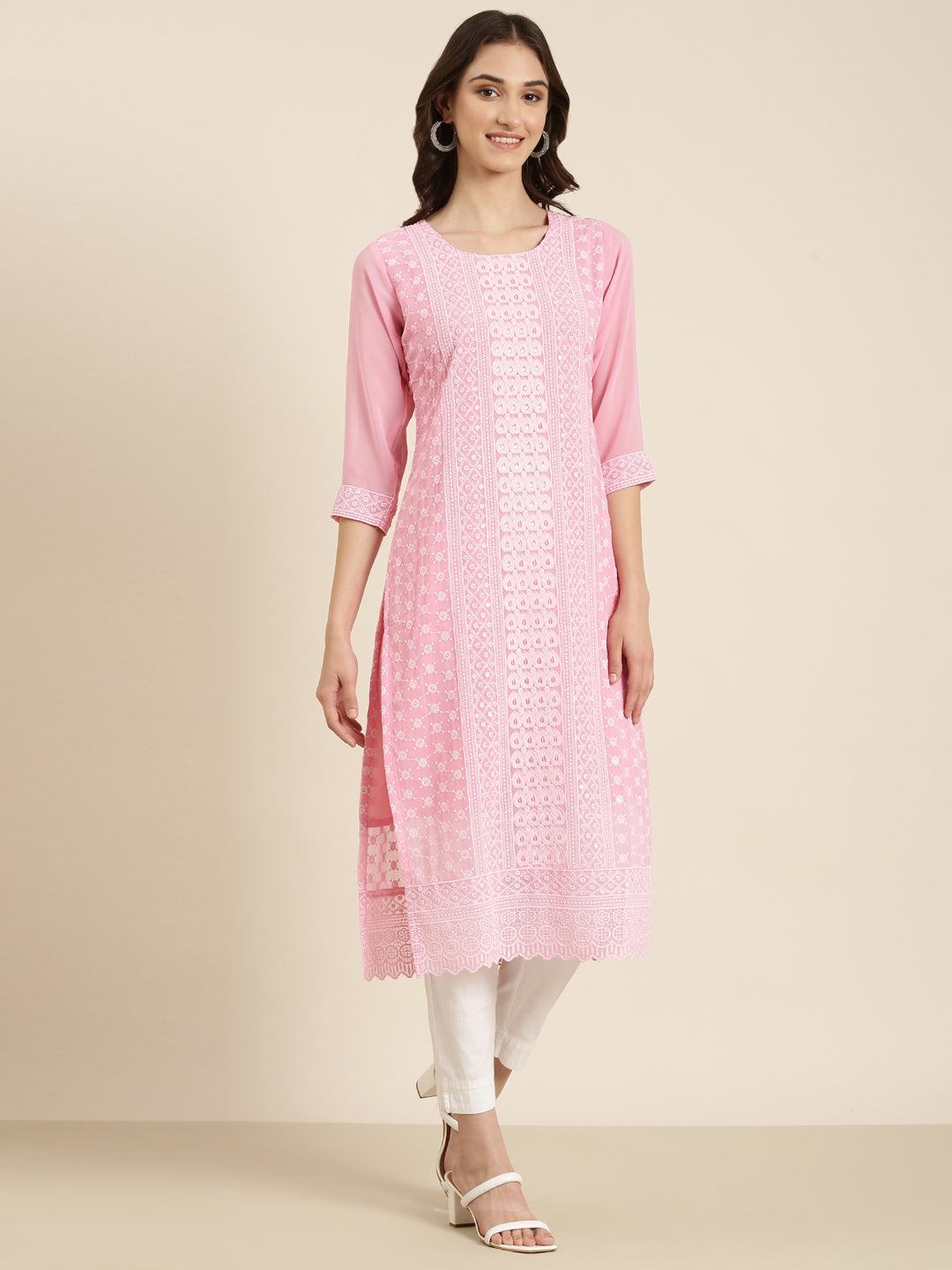 Women's Pink Ethnic Motif Embroidered Chikankari Straight Kurta