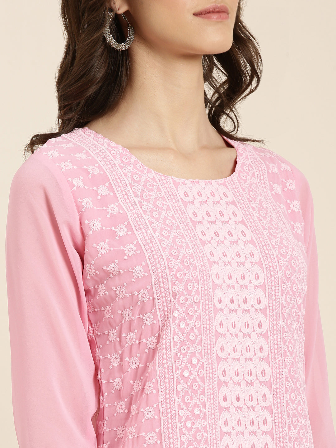 Women's Pink Ethnic Motif Embroidered Chikankari Straight Kurta