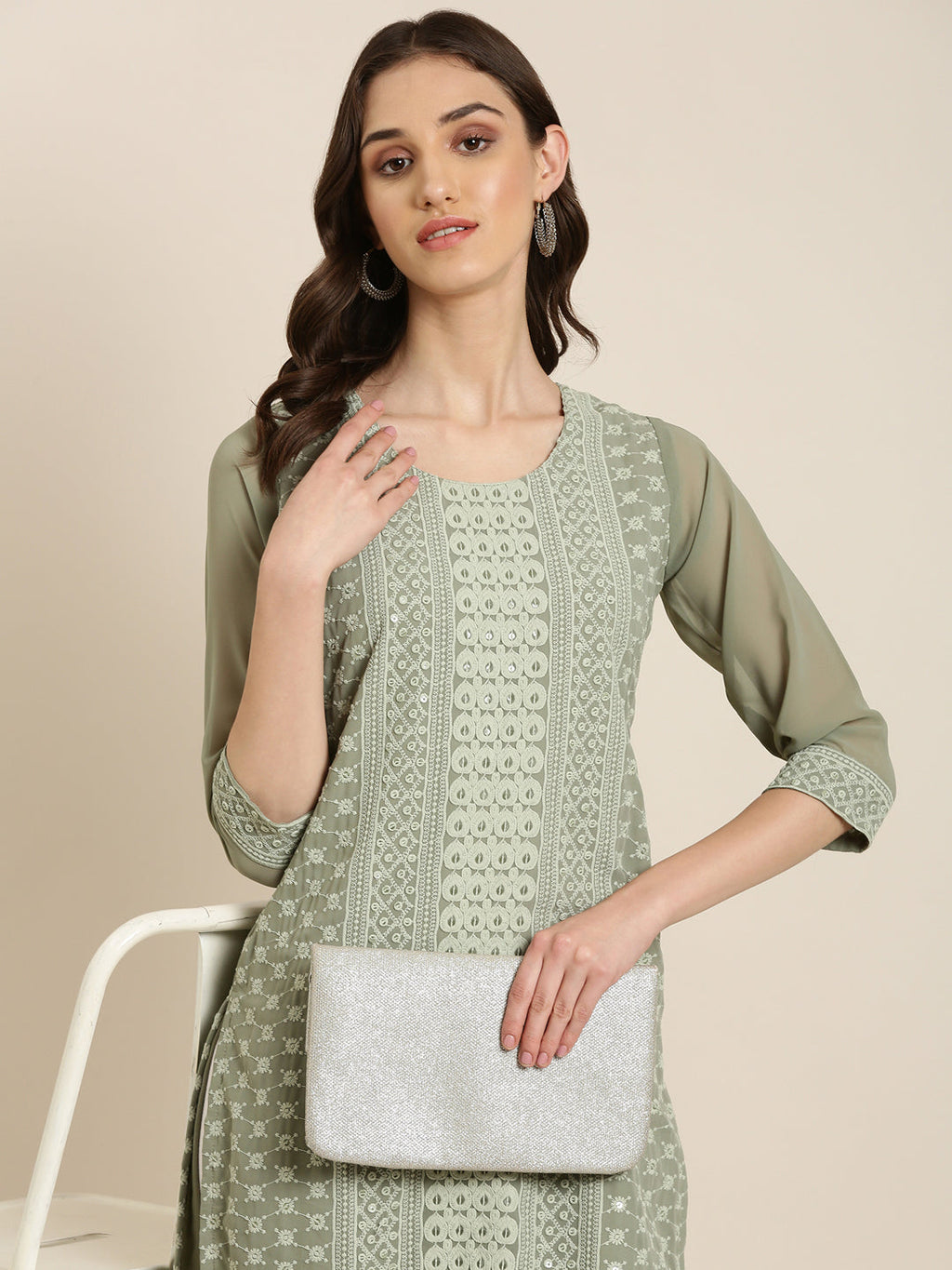 Women's Olive Embroidered Thread Work Straight Kurta