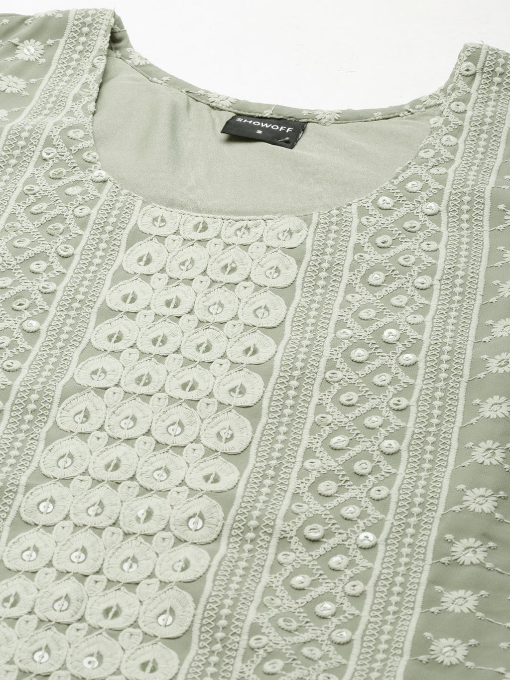 Women's Olive Embroidered Thread Work Straight Kurta