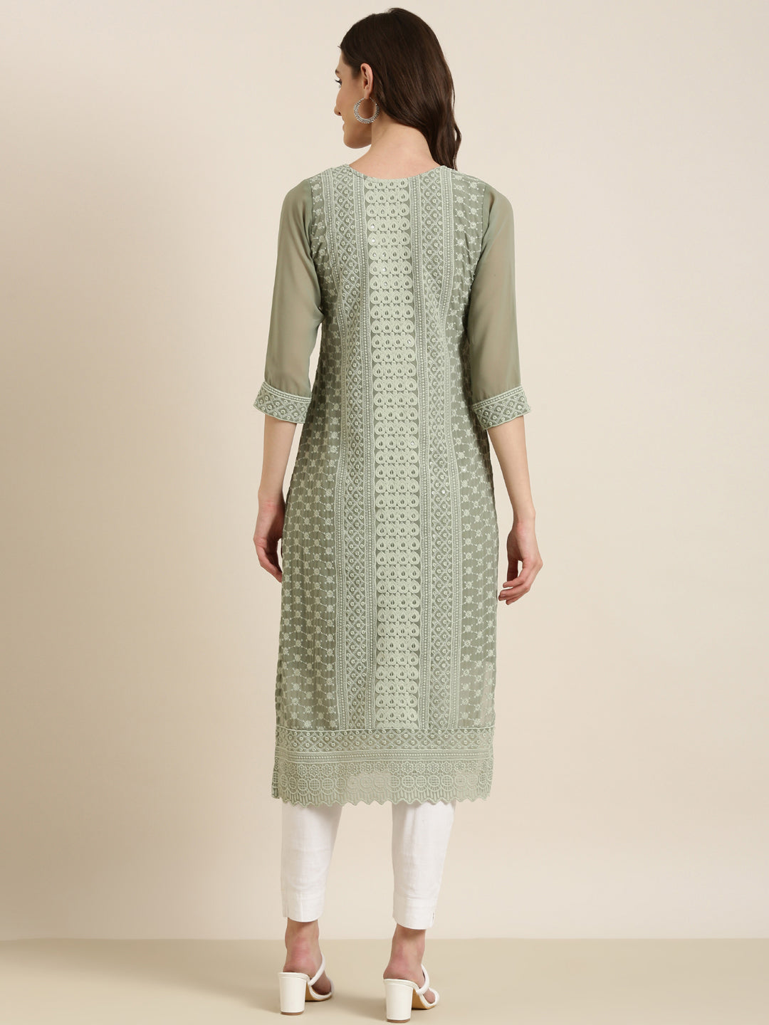 Women's Olive Embroidered Thread Work Straight Kurta