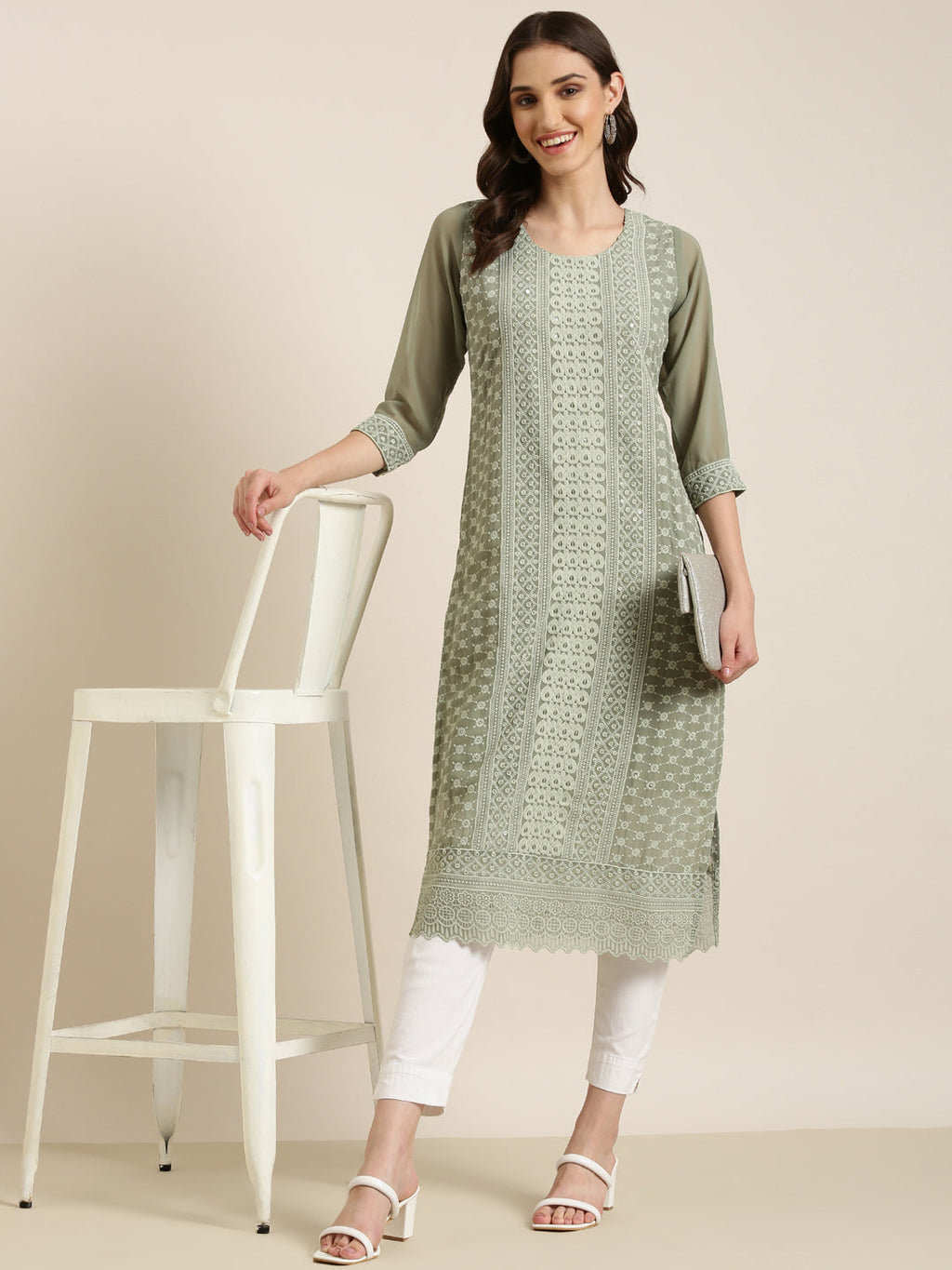 Women's Olive Embroidered Thread Work Straight Kurta