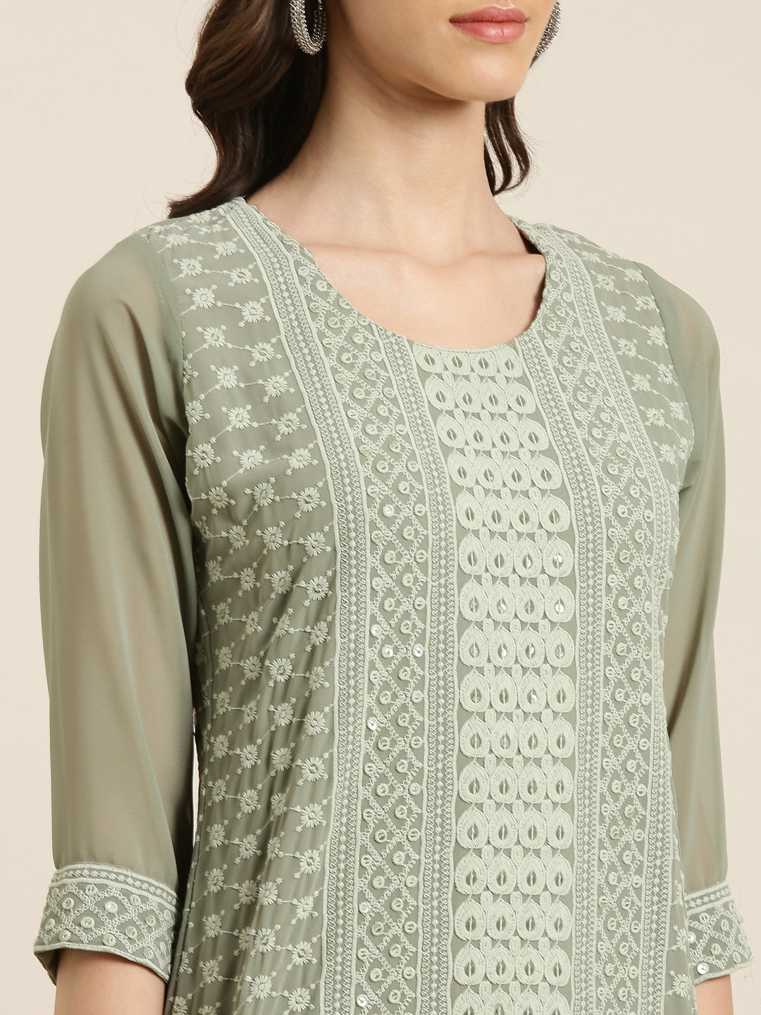 Women's Olive Embroidered Thread Work Straight Kurta