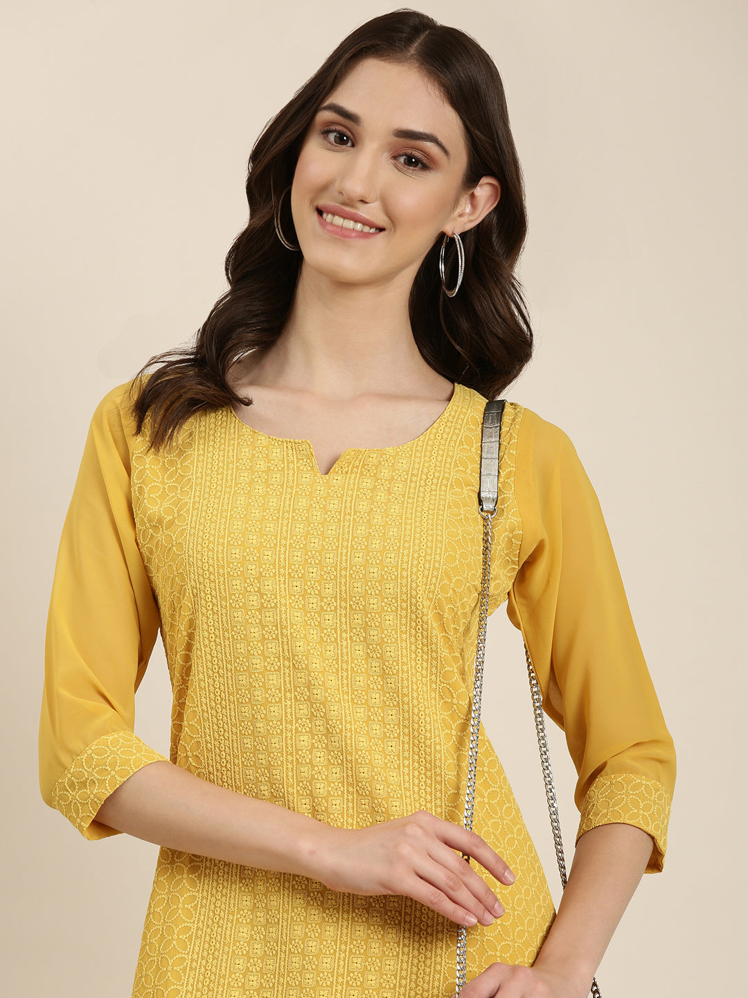 Women's Mustard Ethnic Motifs Embroidered Thread Work Straight Kurta