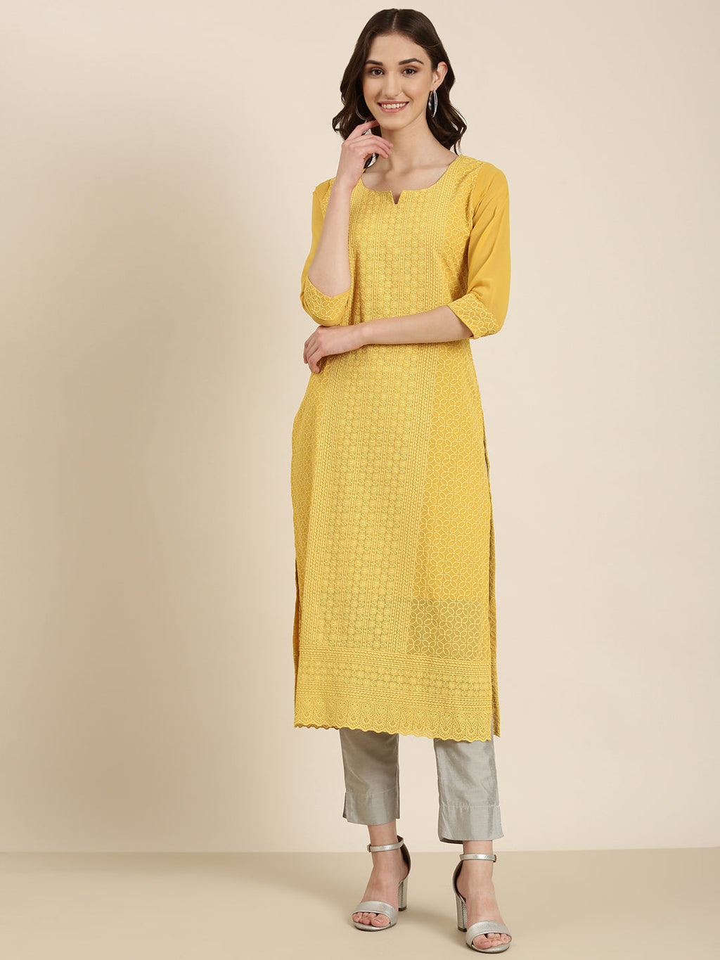 Women's Mustard Ethnic Motifs Embroidered Thread Work Straight Kurta
