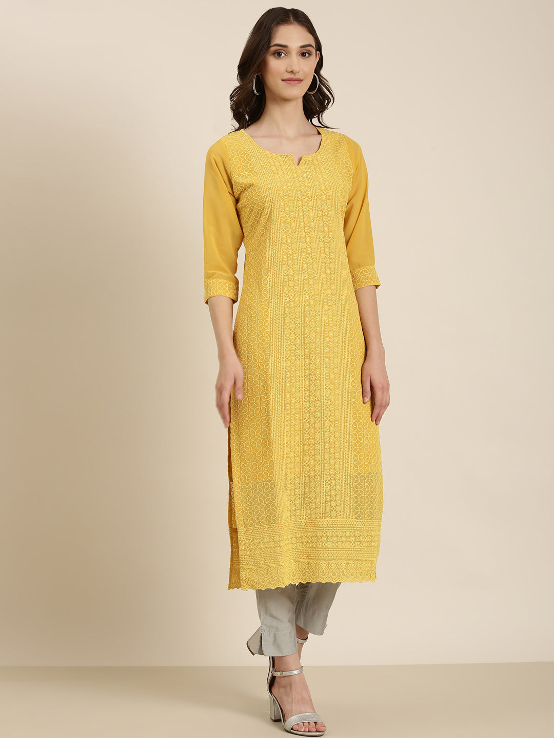 Women's Mustard Ethnic Motifs Embroidered Thread Work Straight Kurta