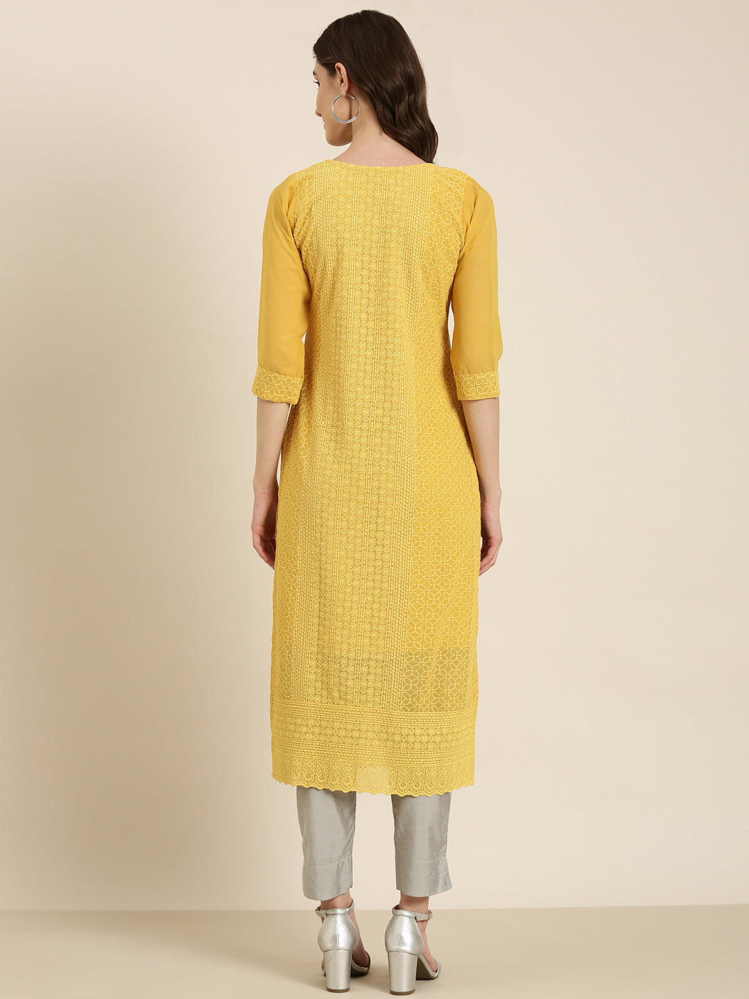 Women's Mustard Ethnic Motifs Embroidered Thread Work Straight Kurta