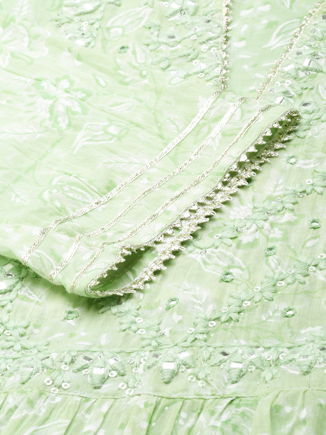 Women's Green Floral Printed Tiering Anarkali Kurta