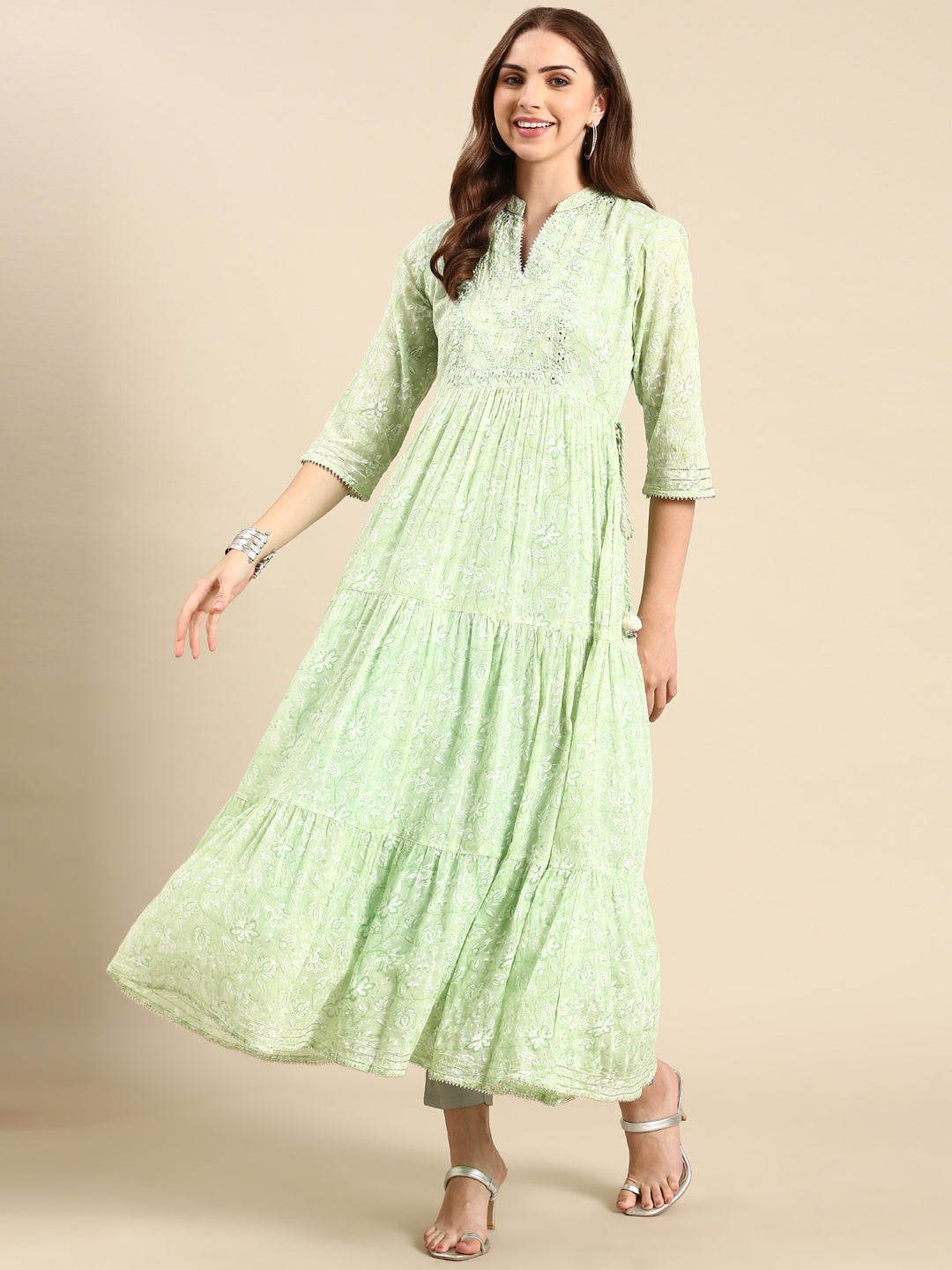 Women's Green Floral Printed Tiering Anarkali Kurta