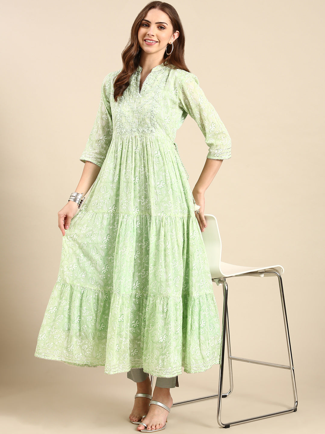 Women's Green Floral Printed Tiering Anarkali Kurta