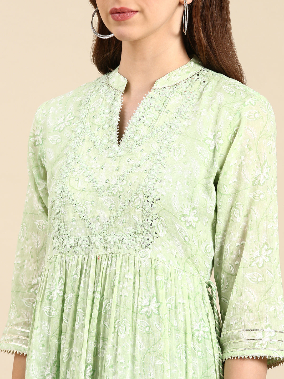 Women's Green Floral Printed Tiering Anarkali Kurta