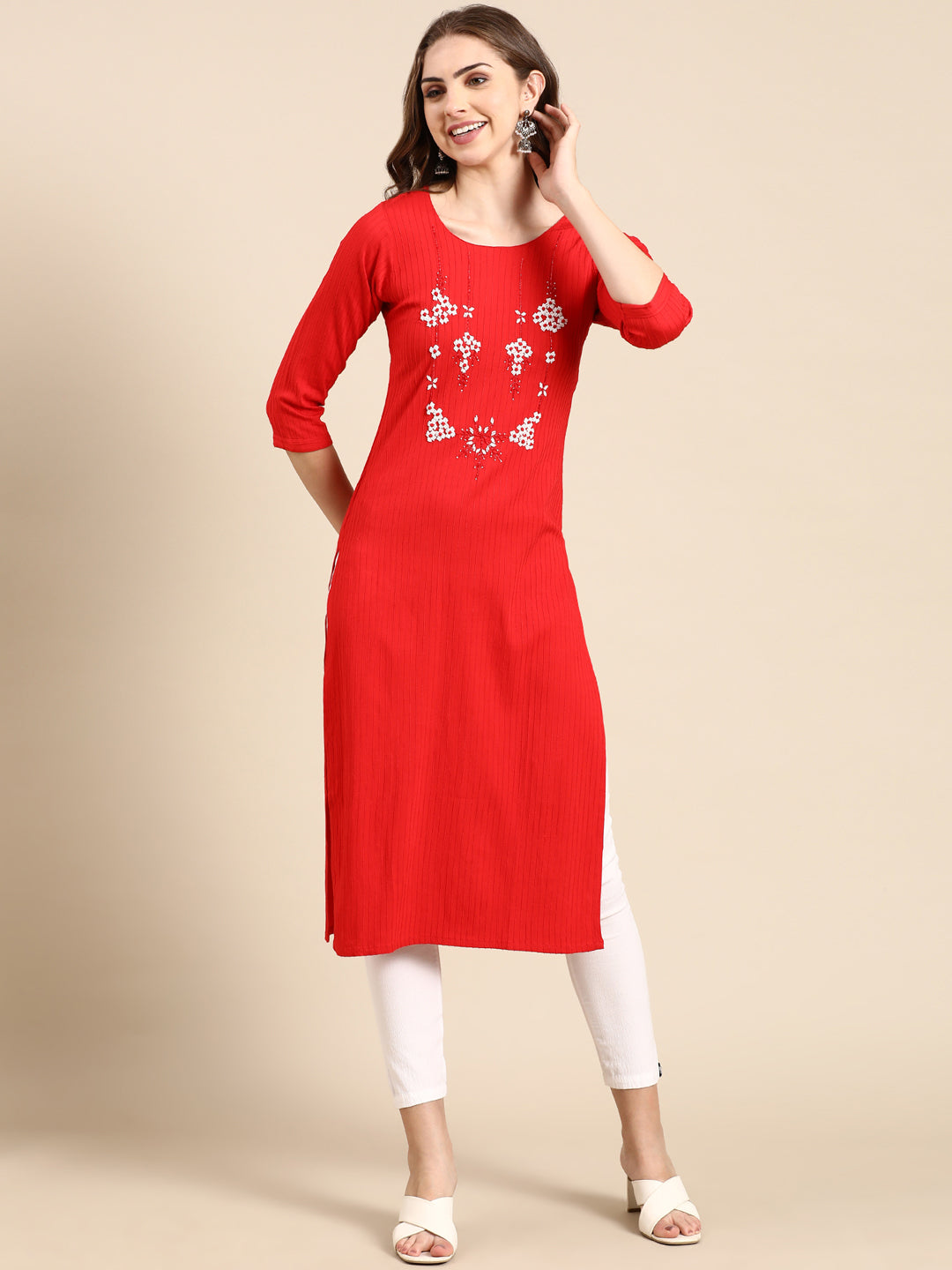 Women's Red Striped Stones and Beads Detail Straight Kurta