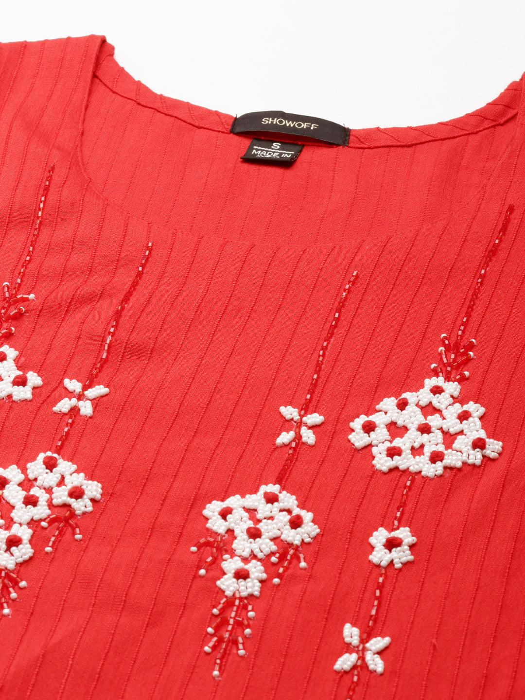 Women's Red Striped Stones and Beads Detail Straight Kurta