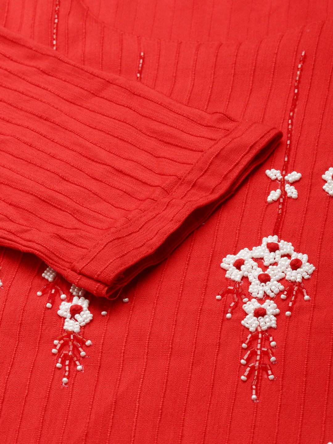 Women's Red Striped Stones and Beads Detail Straight Kurta
