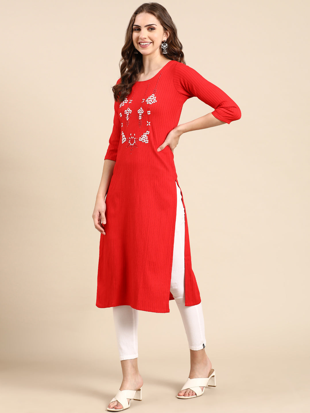 Women's Red Striped Stones and Beads Detail Straight Kurta